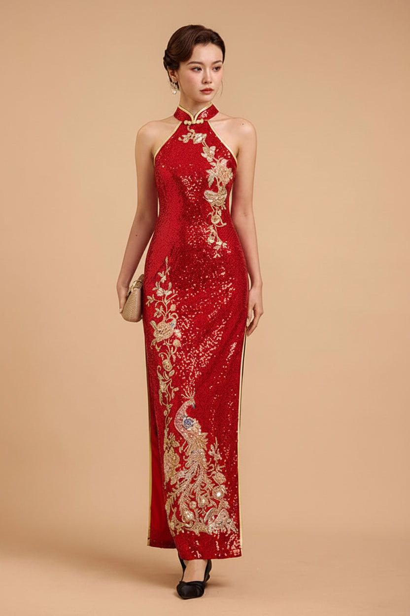 Aslin Hanfu Qipao Exclusive designer collection, Peacock embroidery, red sequins long Qipao
