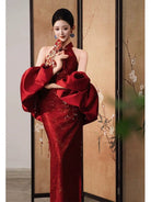 Aslinhanfu Backless, New Chinese style (新中式), wine red long Cheongsam