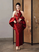 Aslinhanfu Backless, New Chinese style (新中式), wine red long Cheongsam