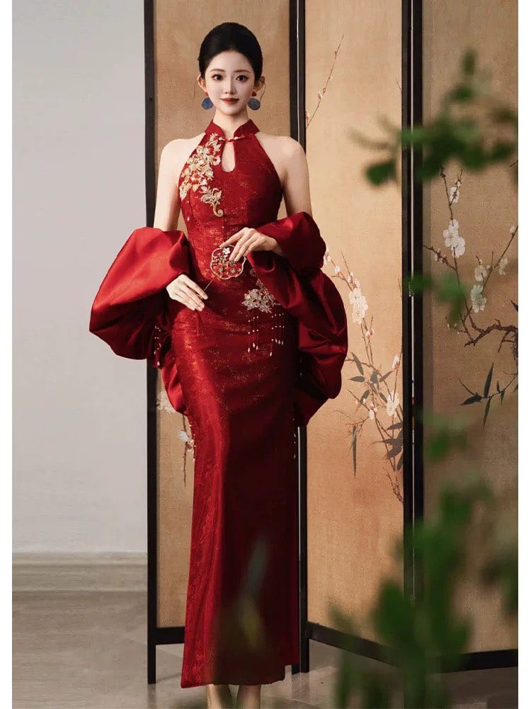 Aslinhanfu Backless, New Chinese style (新中式), wine red long Cheongsam