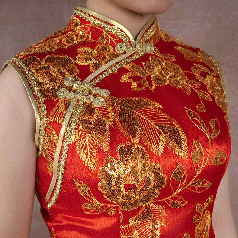 Aslinhanfu Floral embroidery, sequins long plus size Qipao