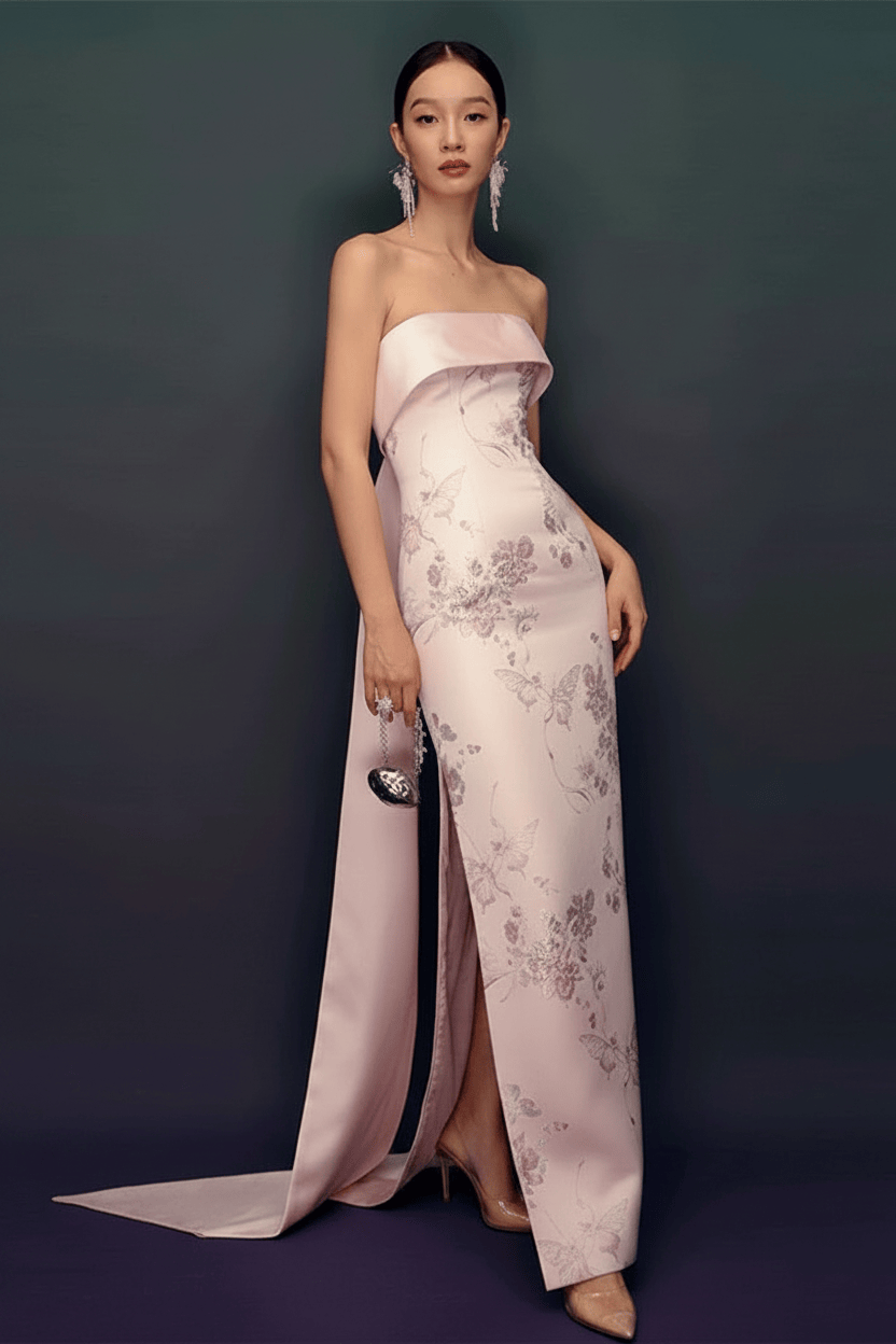 Aslinhanfu qipao  New Chinese style (新中式), high-end,  tube top long Cheongsam