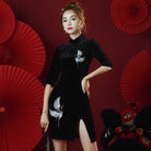 Aslinhanfu Crane embroidery, velvet fabric, short Qipao dress