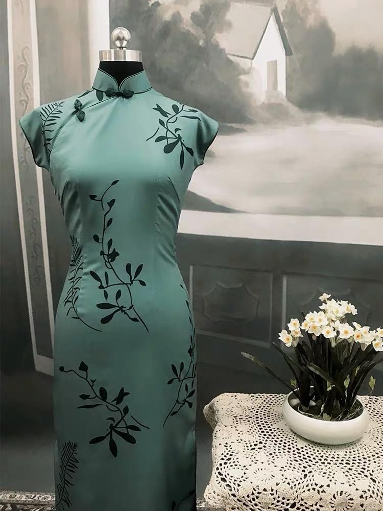 Aslinhanfu  Ms.Tang wei inspired floral pattern, artificial silk chiffon, long qipao