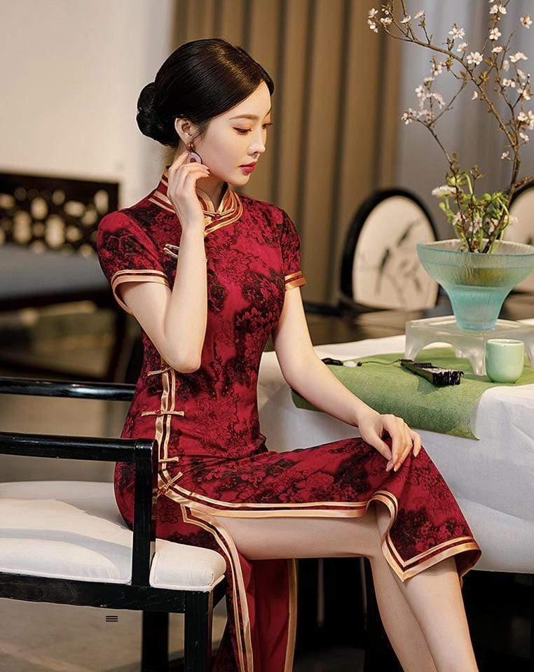 Aslinhanfu Floral pattern, acetate fabric long Qipao