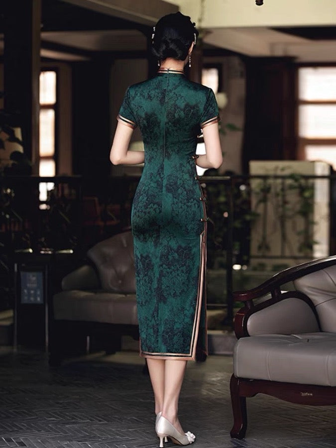 Aslinhanfu Floral pattern, acetate fabric long Qipao