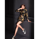 Aslinhanfu Qipao Tigger pattern, brocade black short Qipao