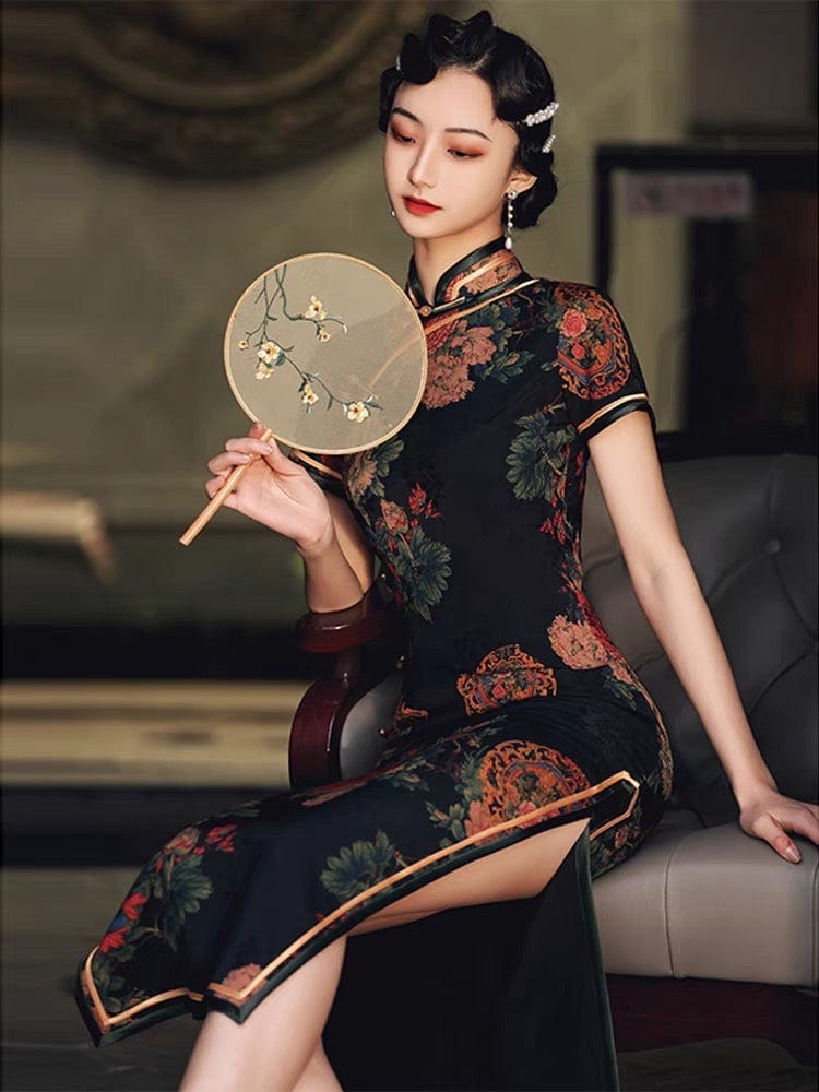 Aslinhanfu Classic Chinese style, floral pattern, silk long Qipao