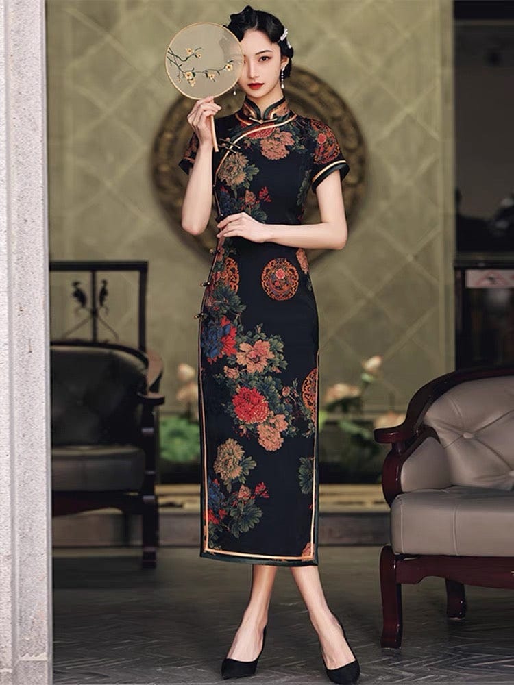 Aslinhanfu Classic Chinese style, floral pattern, silk long Qipao