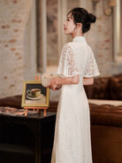Aslinhanfu qipao Modern style, lace wedding Qipao with lotus leaf sleeves