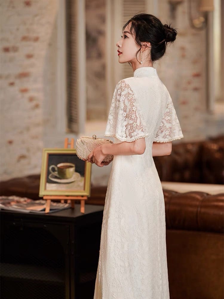 Aslinhanfu qipao Modern style, lace wedding Qipao with lotus leaf sleeves