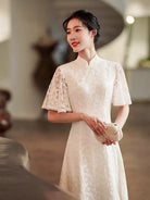 Aslinhanfu qipao Modern style, lace wedding Qipao with lotus leaf sleeves