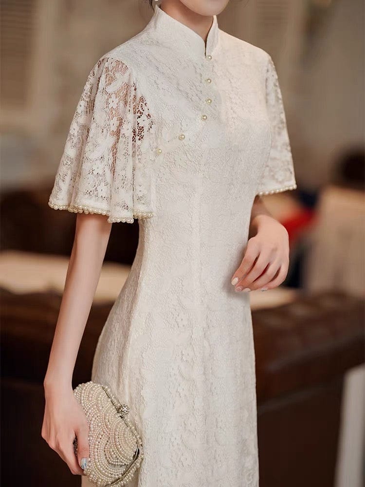 Aslinhanfu qipao Modern style, lace wedding Qipao with lotus leaf sleeves