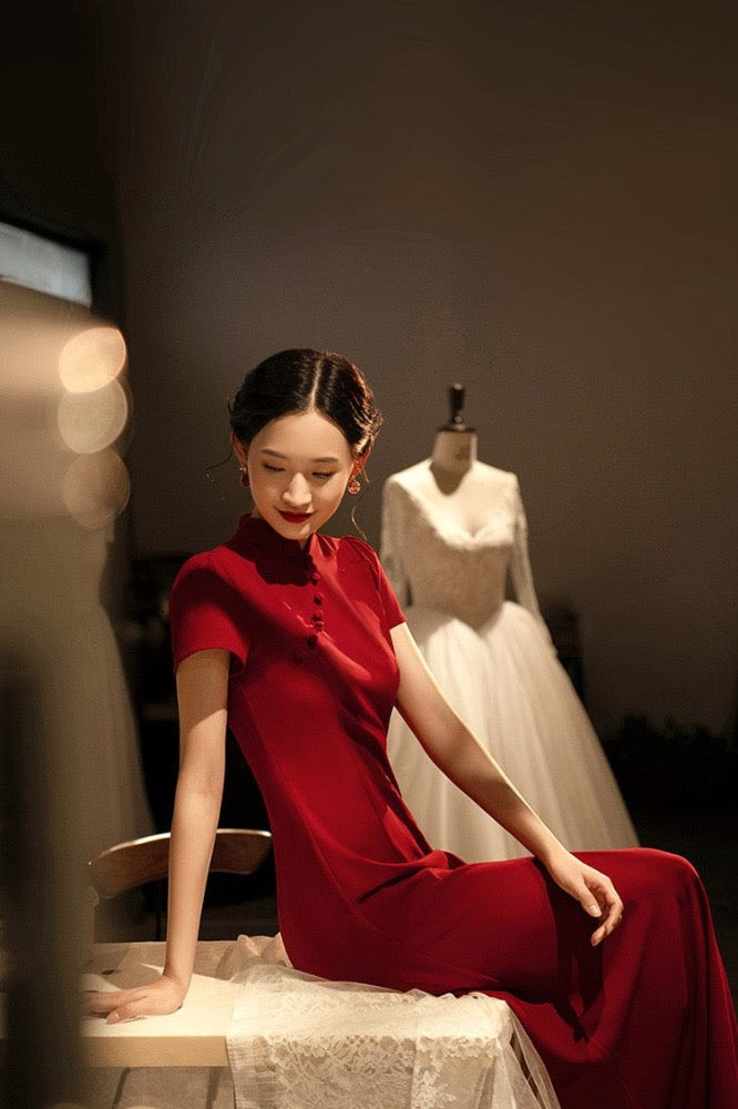 Aslinhanfu Modern style, butterfly mesh fabric, floor length wedding Qipao