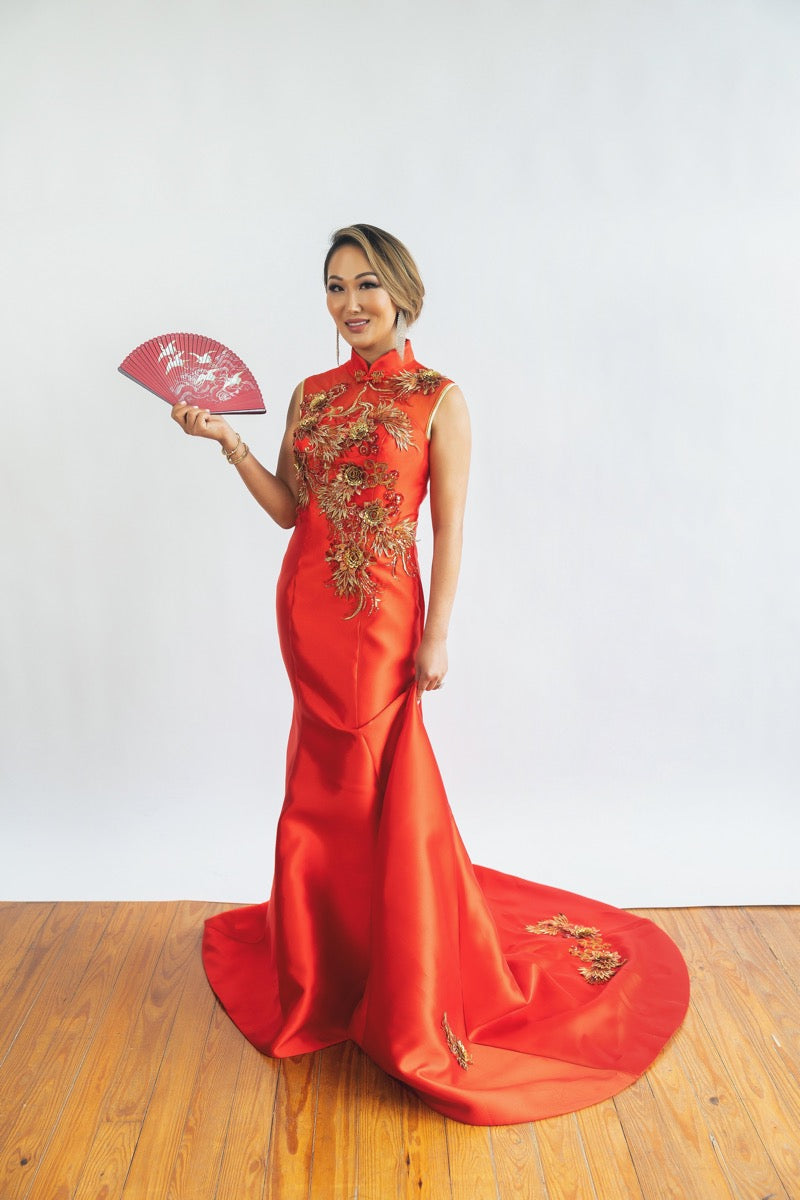 Mrs.Tiffany - Floral Sequined, red fishtail Qipao