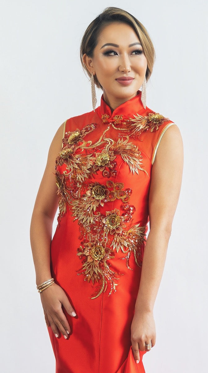 Mrs.Tiffany - Floral Sequined, red fishtail Qipao