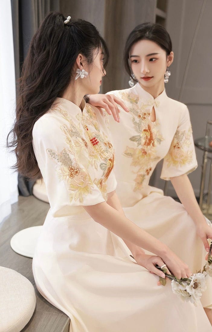 Aslinhanfu Chinese modern style, tea ceremony midi Qipao