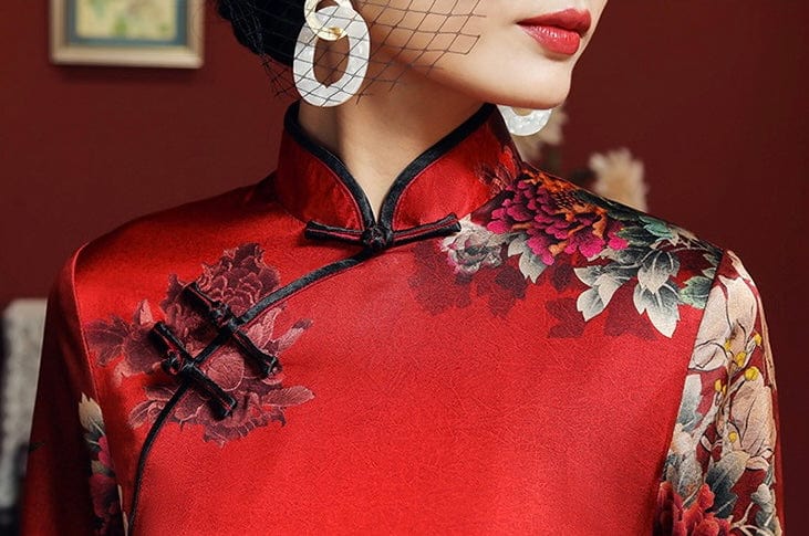 Aslinhanfu qipao 19 mome mulberry silk, floral pattern, High-end long Qipao