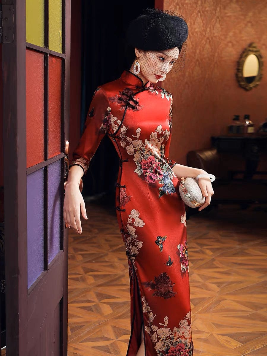 Aslinhanfu qipao 19 mome mulberry silk, floral pattern, High-end long Qipao
