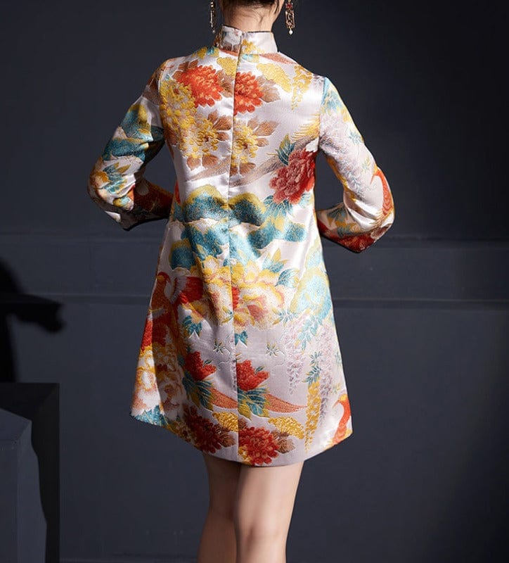 Aslinhanfu Chinese modern style, high end floral jacquard short Qipao