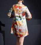 Aslinhanfu Chinese modern style, high end floral jacquard short Qipao
