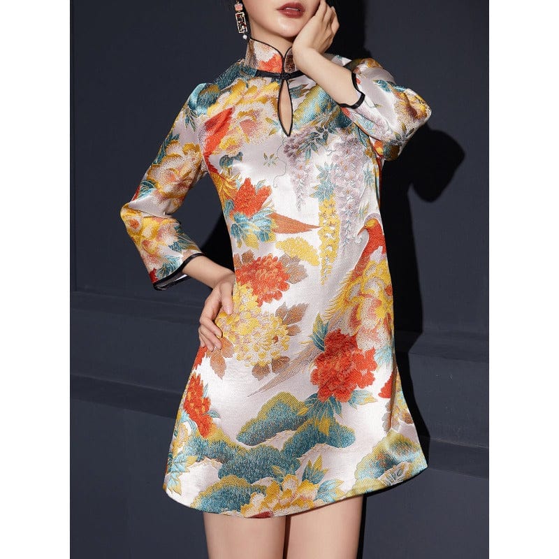 Aslinhanfu Chinese modern style, high end floral jacquard short Qipao