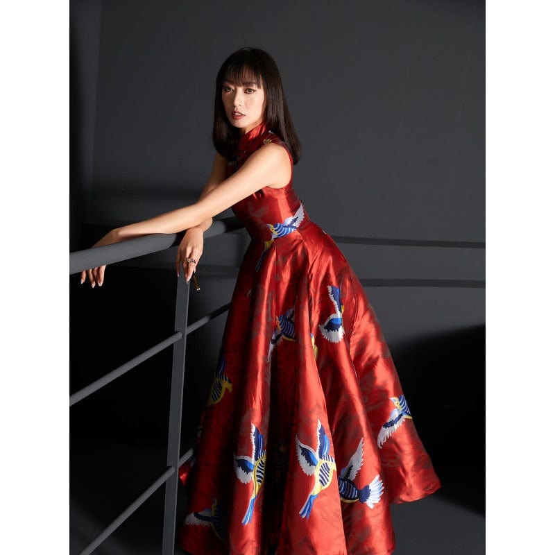 Aslinhanfu Chinese modern style, Brocade fabric, sleeveless long Qipao