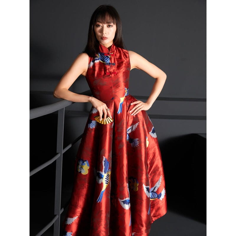 Aslinhanfu Chinese modern style, Brocade fabric, sleeveless long Qipao