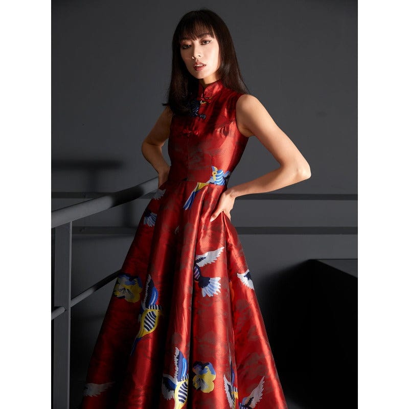 Aslinhanfu Chinese modern style, Brocade fabric, sleeveless long Qipao