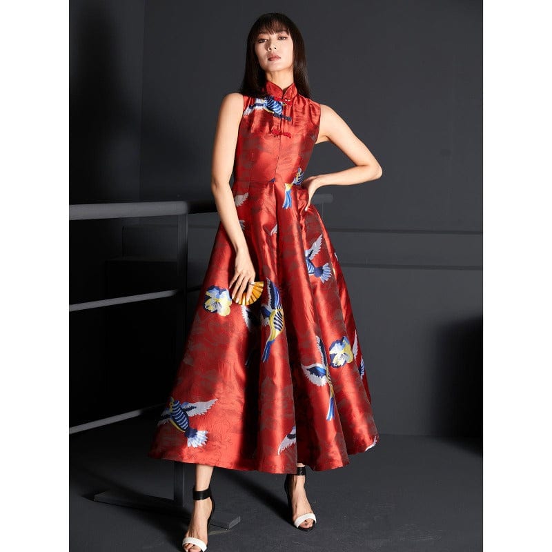 Aslinhanfu Chinese modern style, Brocade fabric, sleeveless long Qipao