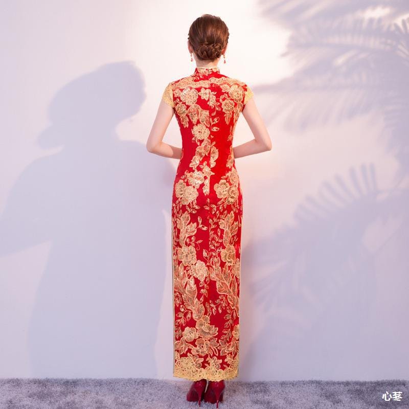 Aslinhanfu Floral embroidery, sequins long plus size Qipao
