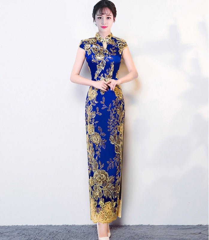 Aslinhanfu Floral embroidery, sequins long plus size Qipao
