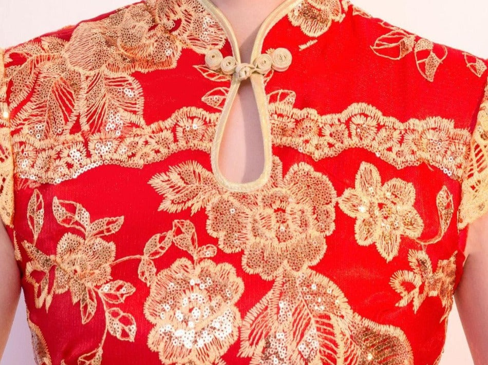 Aslinhanfu Floral embroidery, sequins long plus size Qipao