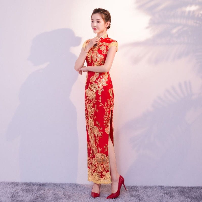 Aslinhanfu Floral embroidery, sequins long plus size Qipao