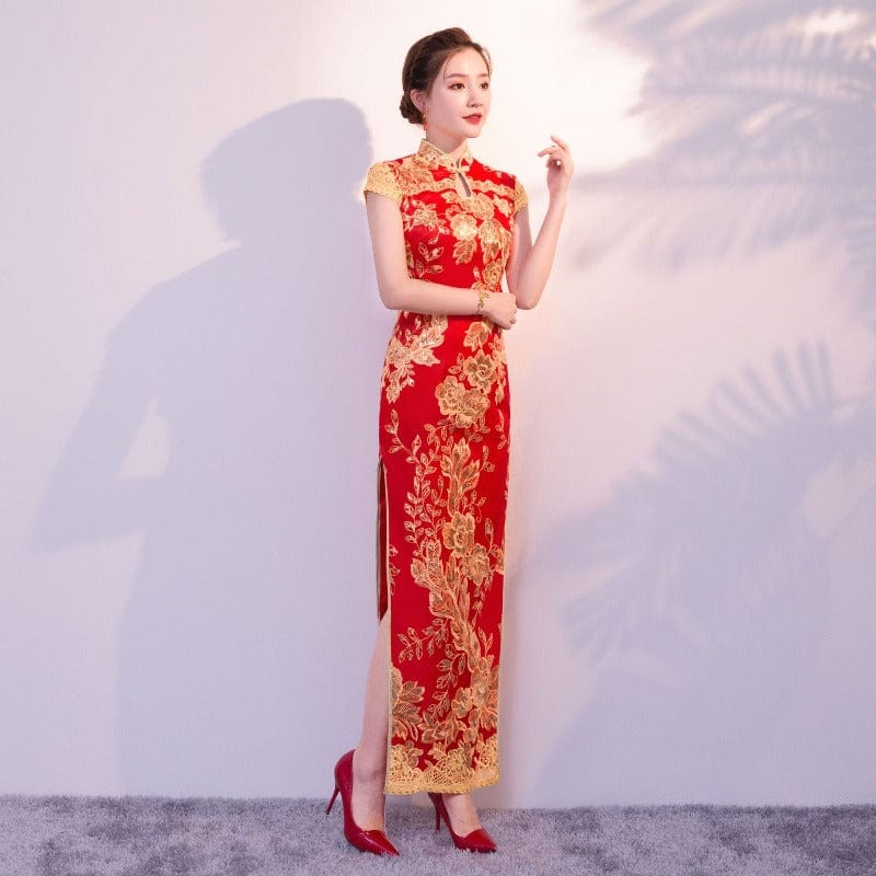 Aslinhanfu Floral embroidery, sequins long plus size Qipao