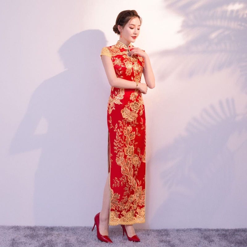 Aslinhanfu Floral embroidery, sequins long plus size Qipao
