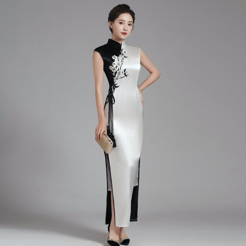Aslinhanfu qipao Floral embroidery, high end, black with white long Qipao