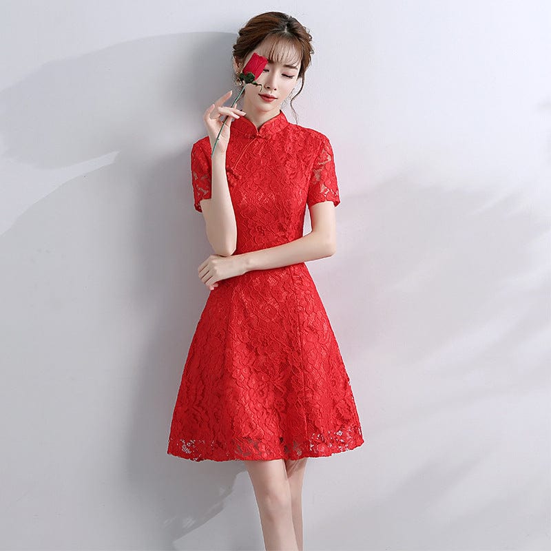 Aslinhanfu Floral pattern, A line, lace short Qipao