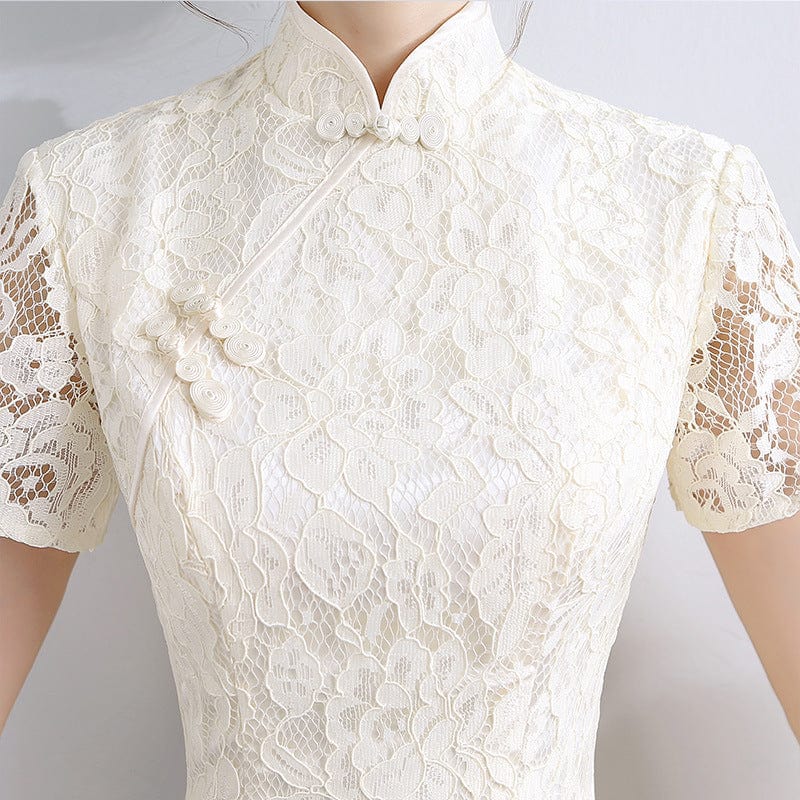 Aslinhanfu Floral pattern, A line, lace short Qipao