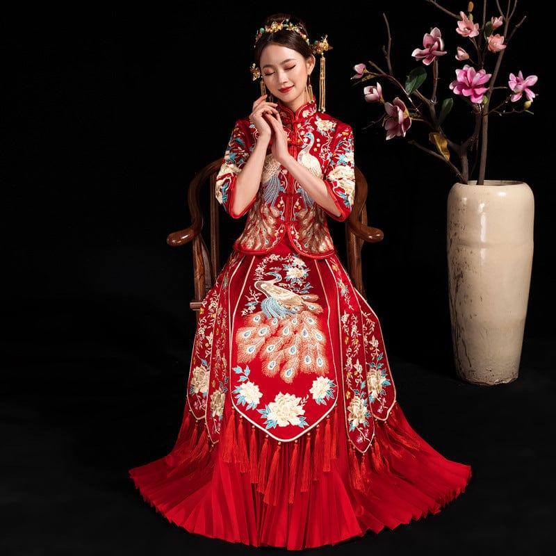 Peacock embroidery, high-end wedding Qun Gua