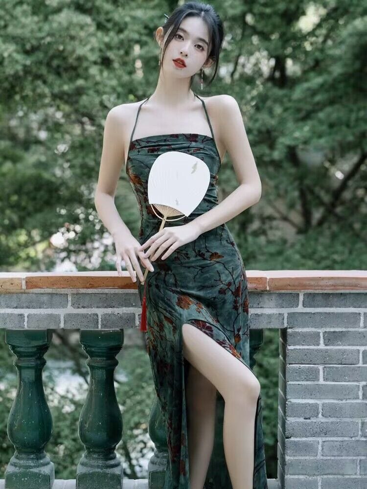 Aslinhanfu New Chinese style (新中式), floral pattern, green midi Qipao