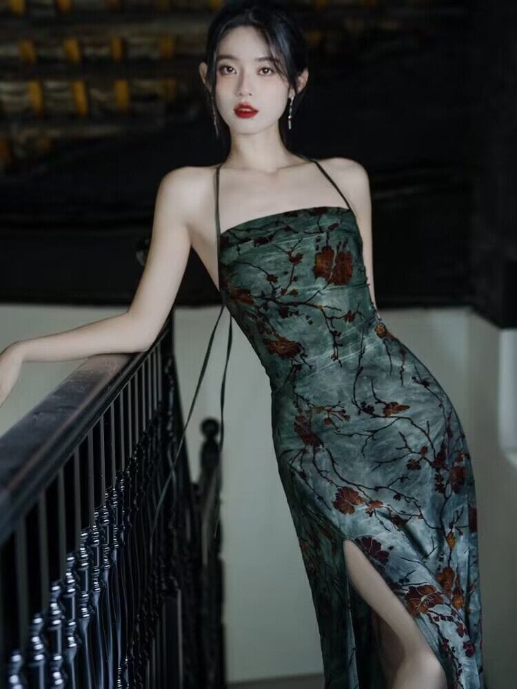 Aslinhanfu New Chinese style (新中式), floral pattern, green midi Qipao
