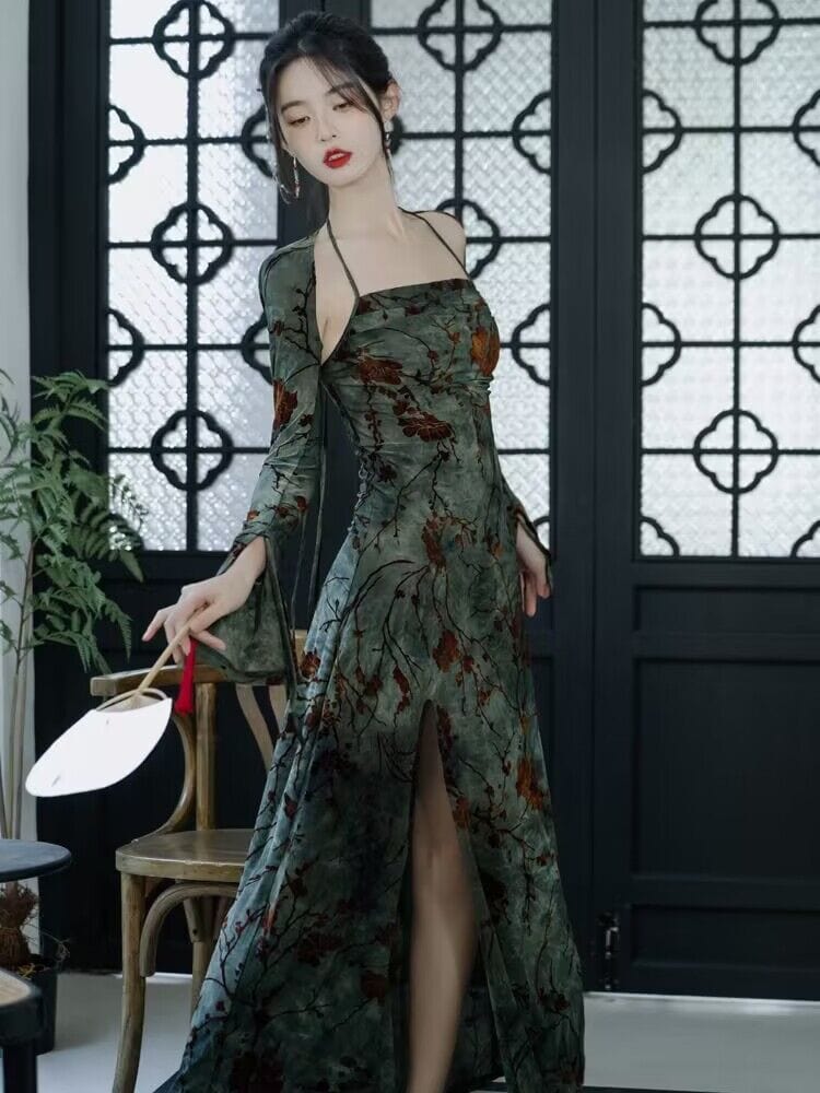 Aslinhanfu New Chinese style (新中式), floral pattern, green midi Qipao
