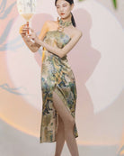 Aslinhanfu New Chinese style ( 新中式 ), artificial silk midi Qipao