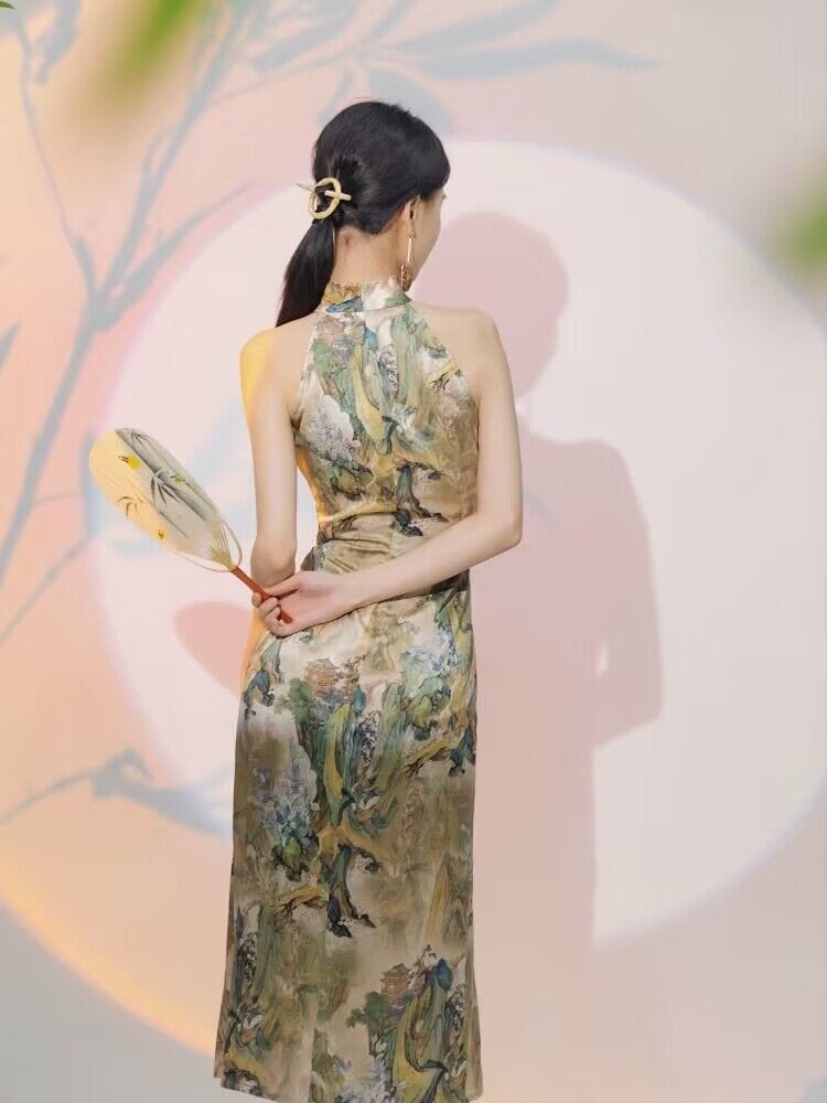 Aslinhanfu New Chinese style ( 新中式 ), artificial silk midi Qipao