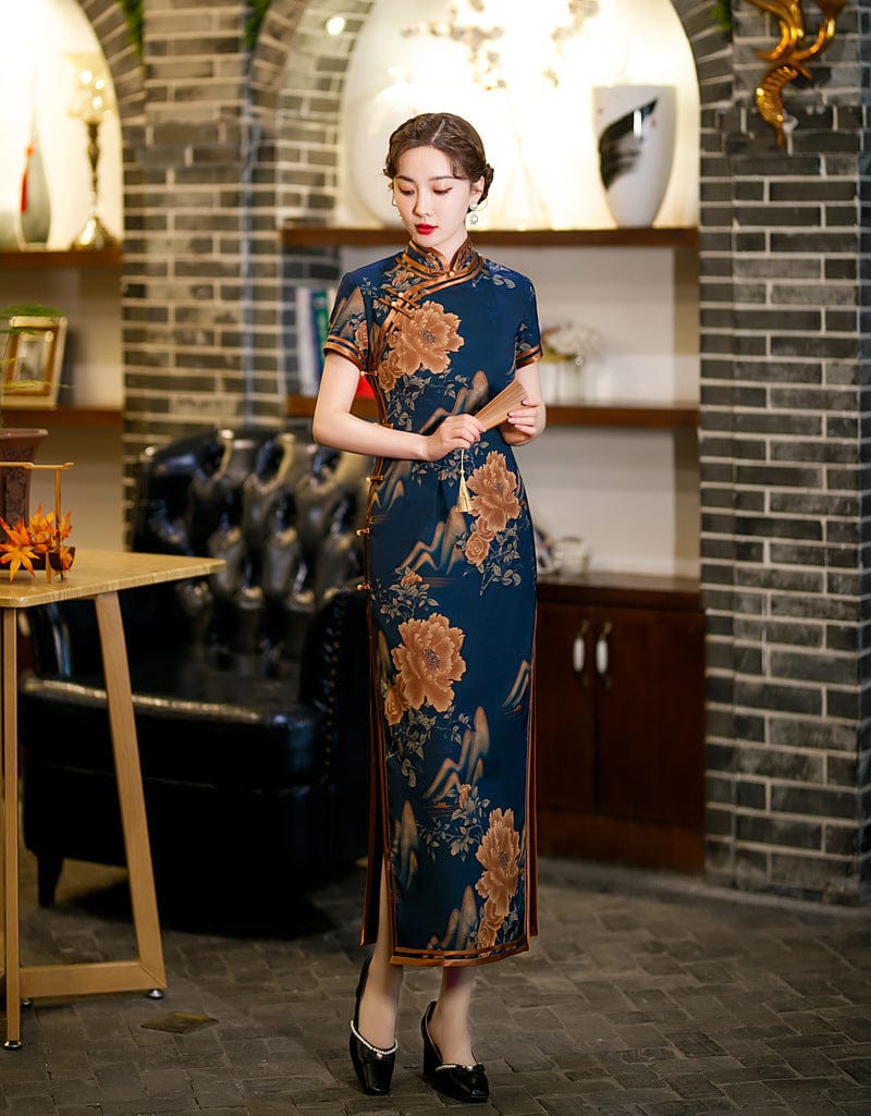 Aslinhanfu Spring and summer collection, silk long Qipao