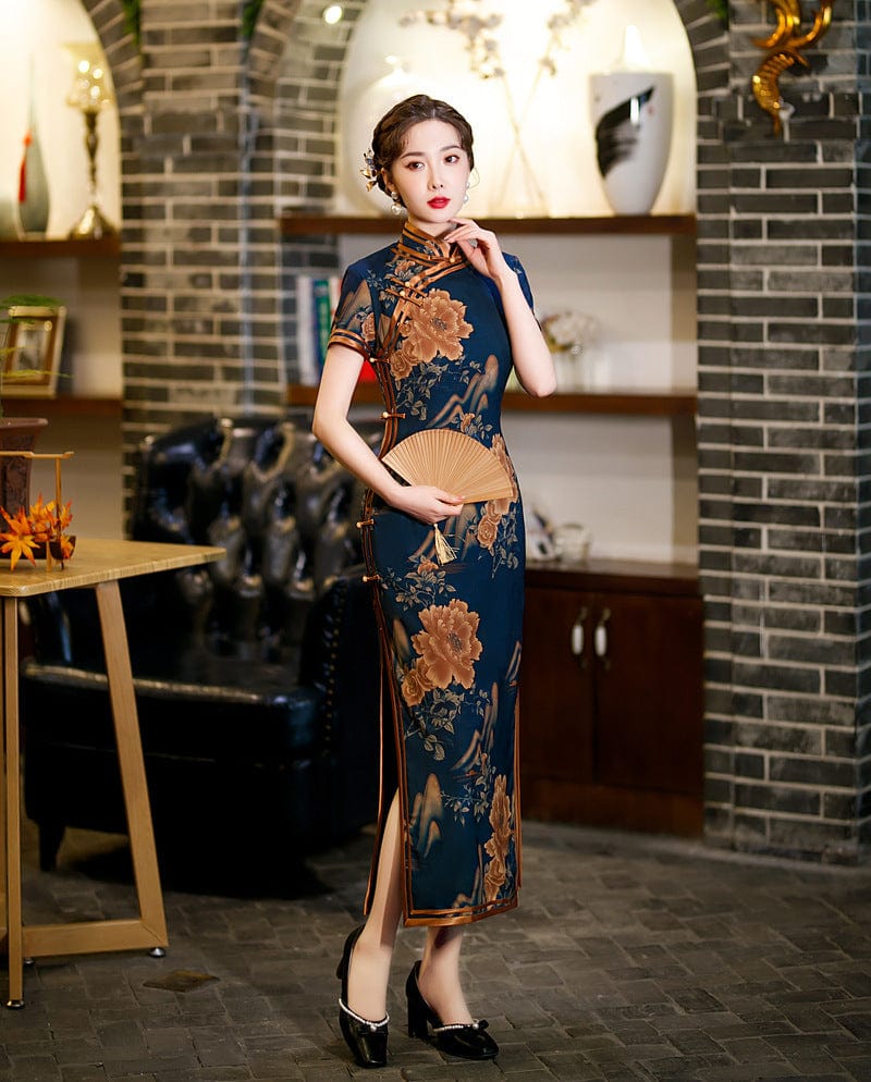 Aslinhanfu Spring and summer collection, silk long Qipao