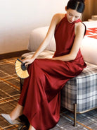 Aslinhanfu New Chinese style (新中式), wedding wine red long Qipao