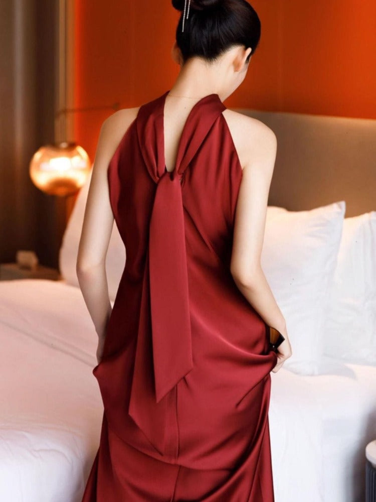 Aslinhanfu New Chinese style (新中式), wedding wine red long Qipao