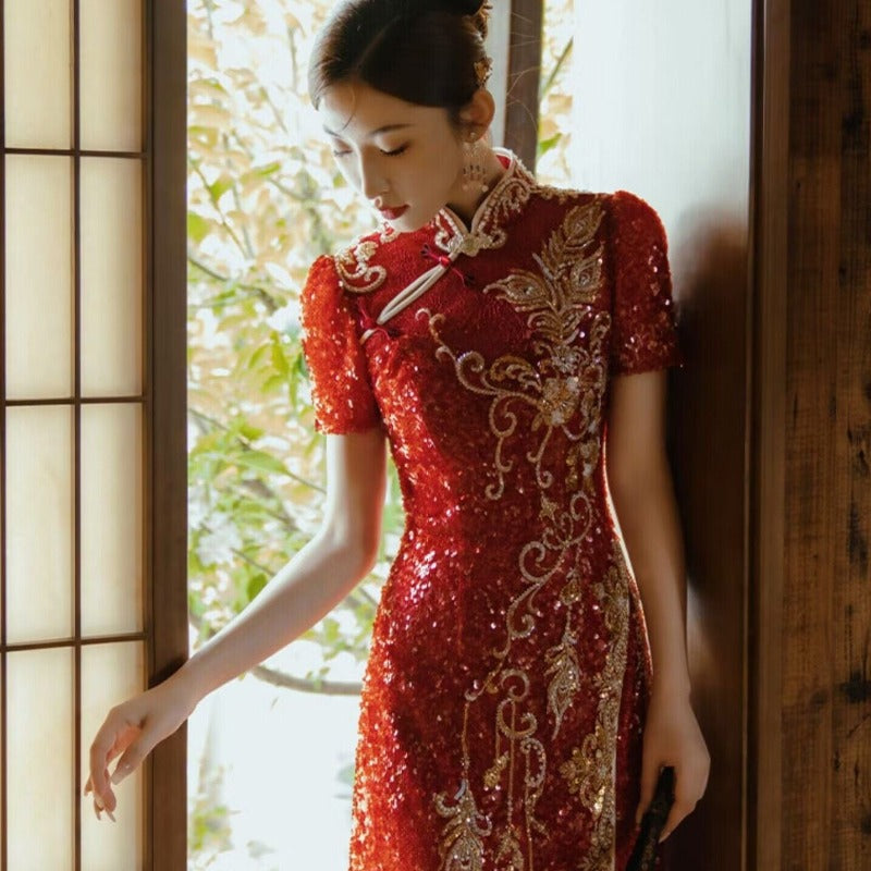 Aslinhanfu Floral embroidery, high end, wedding floor length Qipao